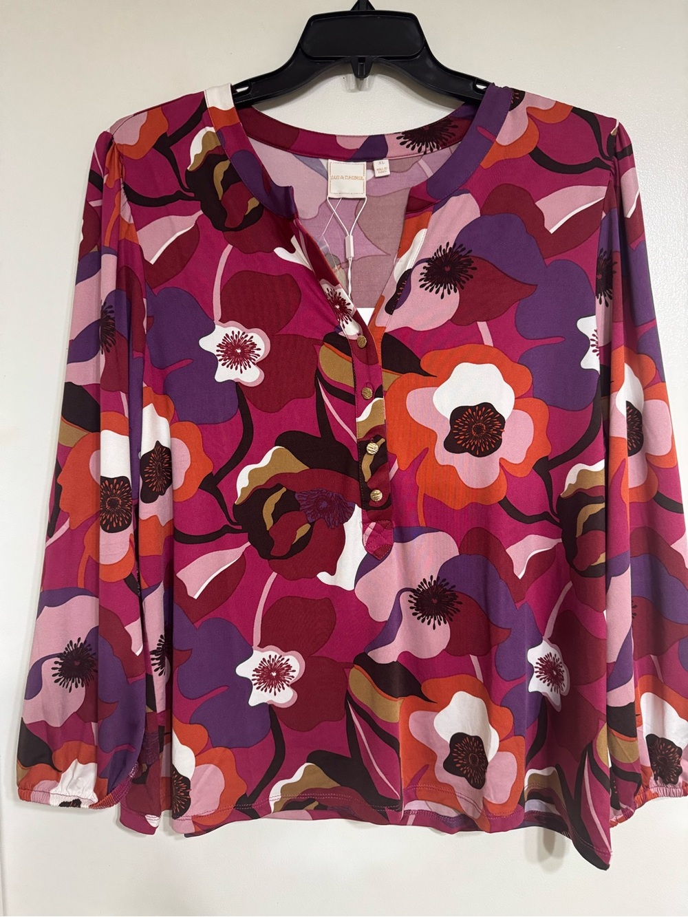 Zac & Rachel Multicolor Floral Henley Blouse in Magenta, Purple & Orange